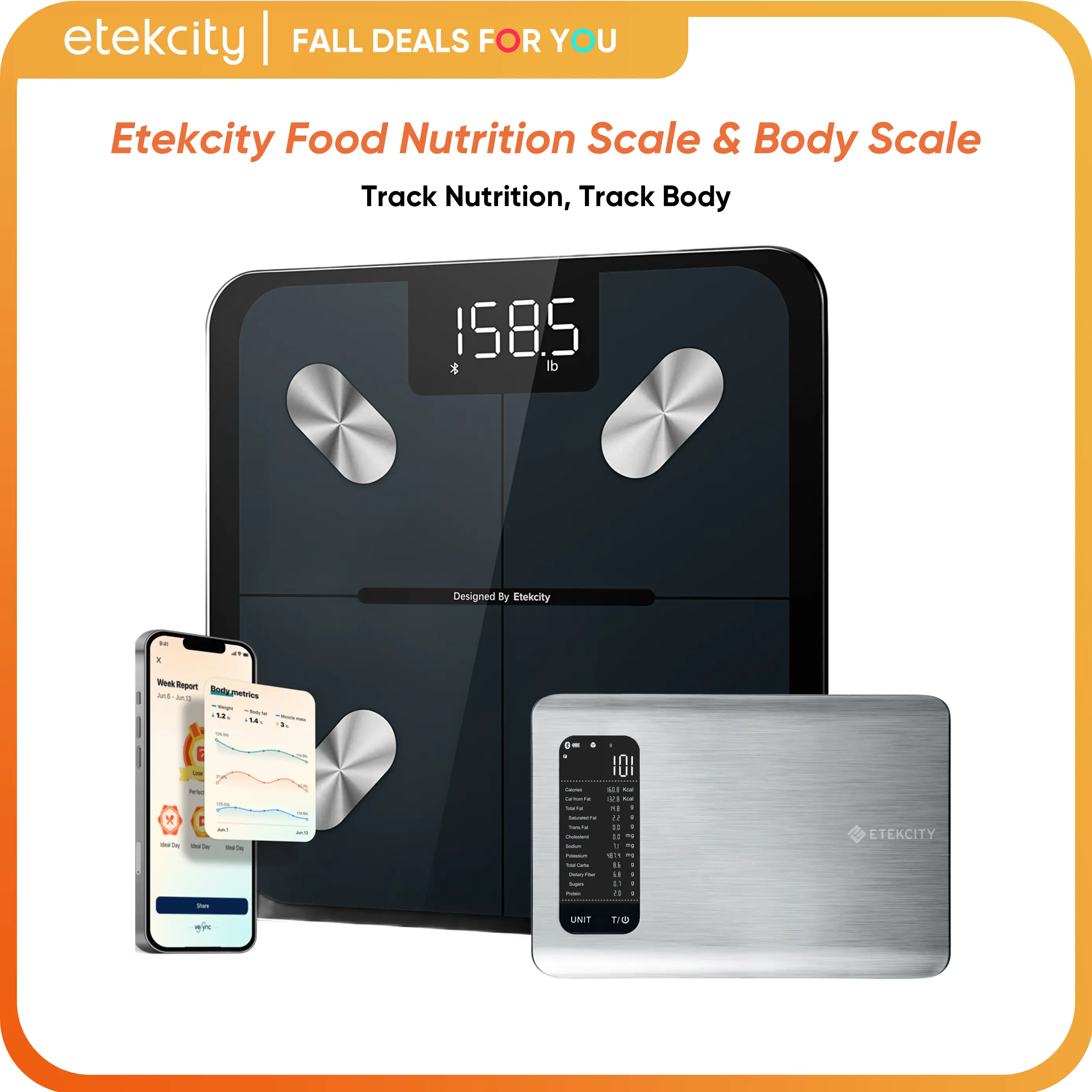 Etekcity Food Nutrition Scale & Body Weight Scale Healthcare Fitness Accurate Weighing Vesync App, Bundle Set, FallFreshness Supplement