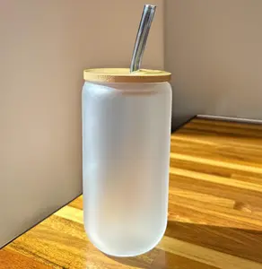 16 oz. Frosted Glass Cup with Bamboo Lid and Straw