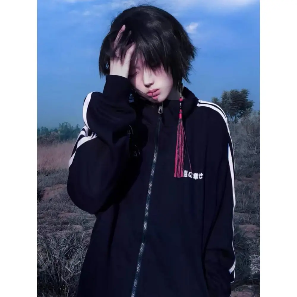 Japanese Casual Stand Neck Hoodie Women Men Streetwear Letter Print Zipper Grunge Sweatshirt Y2k Aesthetic Loose Patchwork Hoody