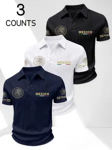 American Vintage Mexico Emblem Print 3-Piece Matching Set, Men's Short Sleeve Polo Shirt, Breathable Texture Jacquard Top, Summer Casual Wear
