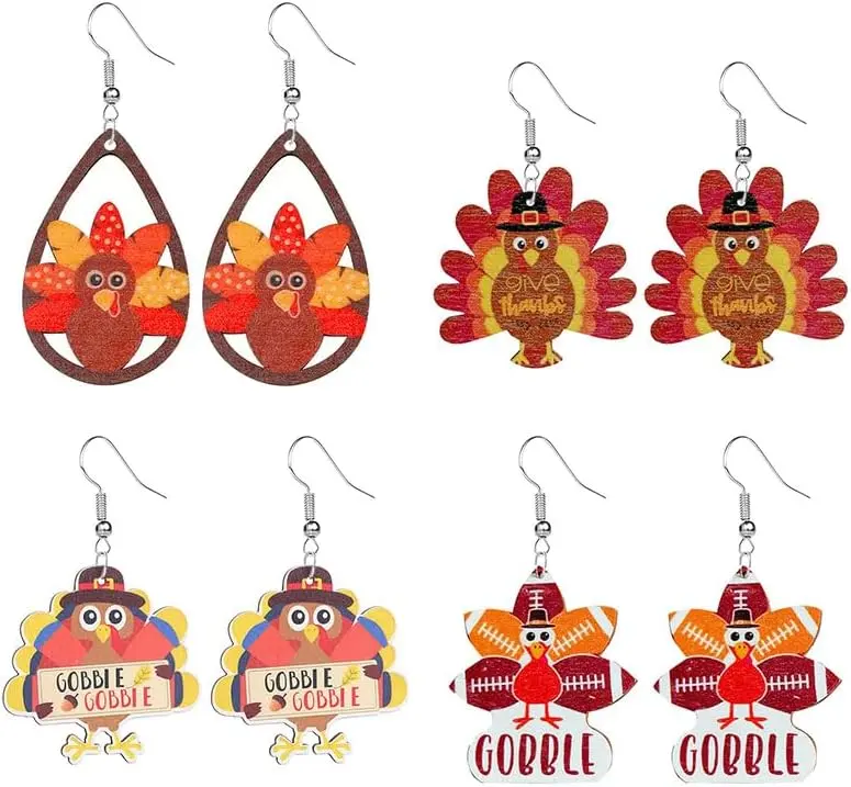 4 Pairs Fall Thanksgiving Earrings for Women Cute Thanksgiving Turkey Pumpkin Maple Leaf Dangle Earrings Unique Milk Tea Cup EarringsThanksgiving Day Jewelry Gift