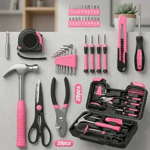 39pcs Pink Tool Kit Screwdriver Utility Knife Scissors Tape Measure Hammer Internal Hex Wrench Pliers for Home Garage Garden Office College Dormitory Ideal for Women
