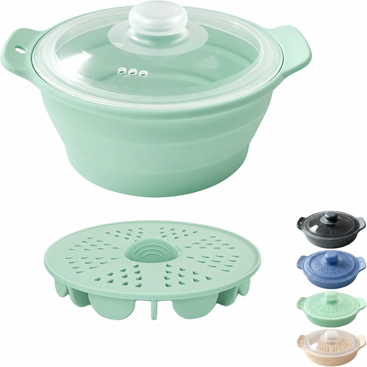 42oz Silicone Microwave Steamer For Cooking Food, Vegetable Steamer, Blue Collapsible Food Steamer Pot with Lid & Steam Basket, BPA Free Steaming Pot For Veggie, Seafood, Rice Cooker, Dishwasher Safe