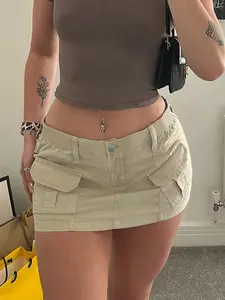 Y2K High Waist Cargo Mini Skirt with Flap Pockets, Casual Streetwear Utility Skirt for Summer Festival & Daily