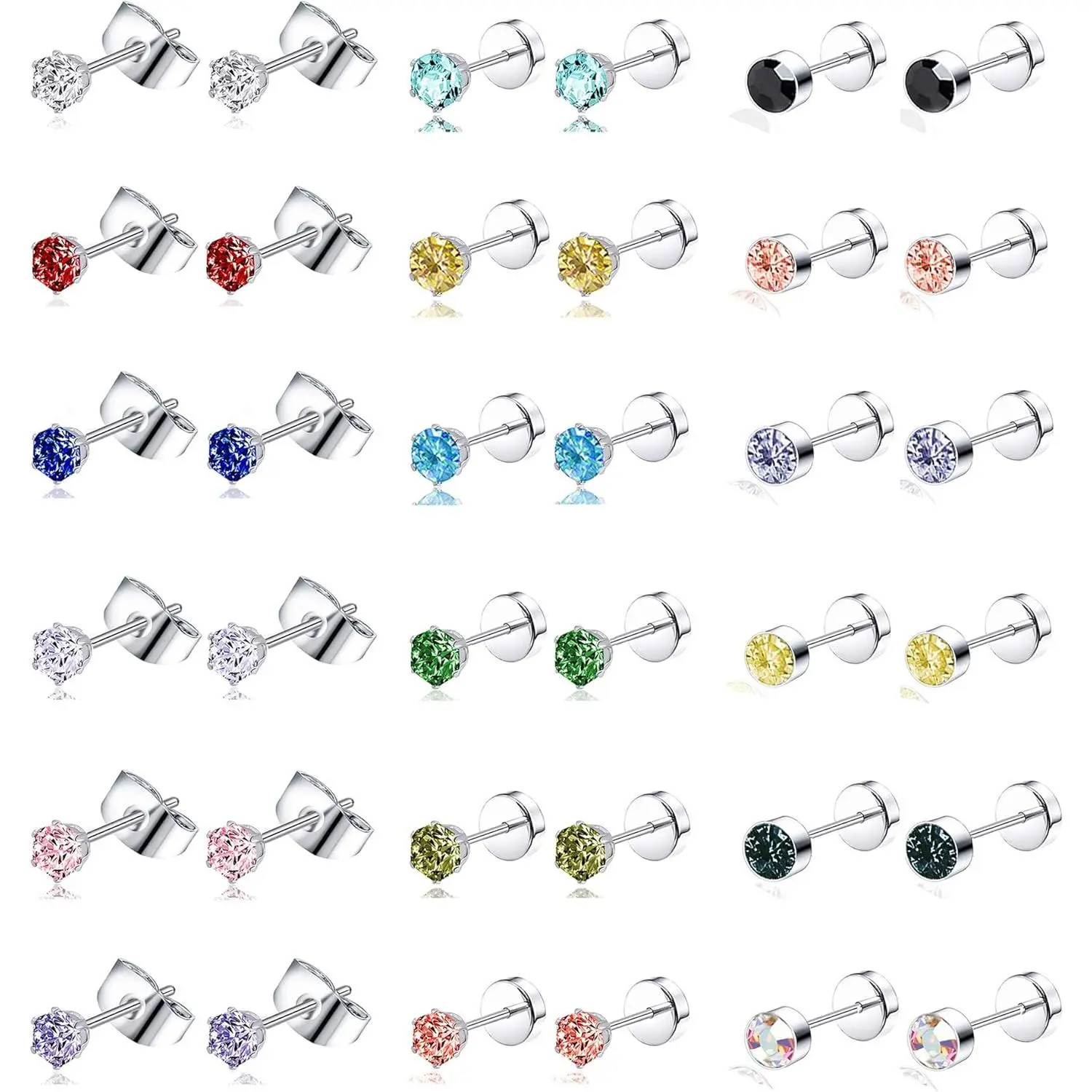 Stud Earrings Set for Women, 18 Pairs Stainless Steel Multicolor CZ Piercings with Butterfly Backs & Flat Screwbacks, 20G (0.8mm) Barbell Style in 3 Different Designs for Cartilage Helix Lobe, 3-5mm, 3Mm