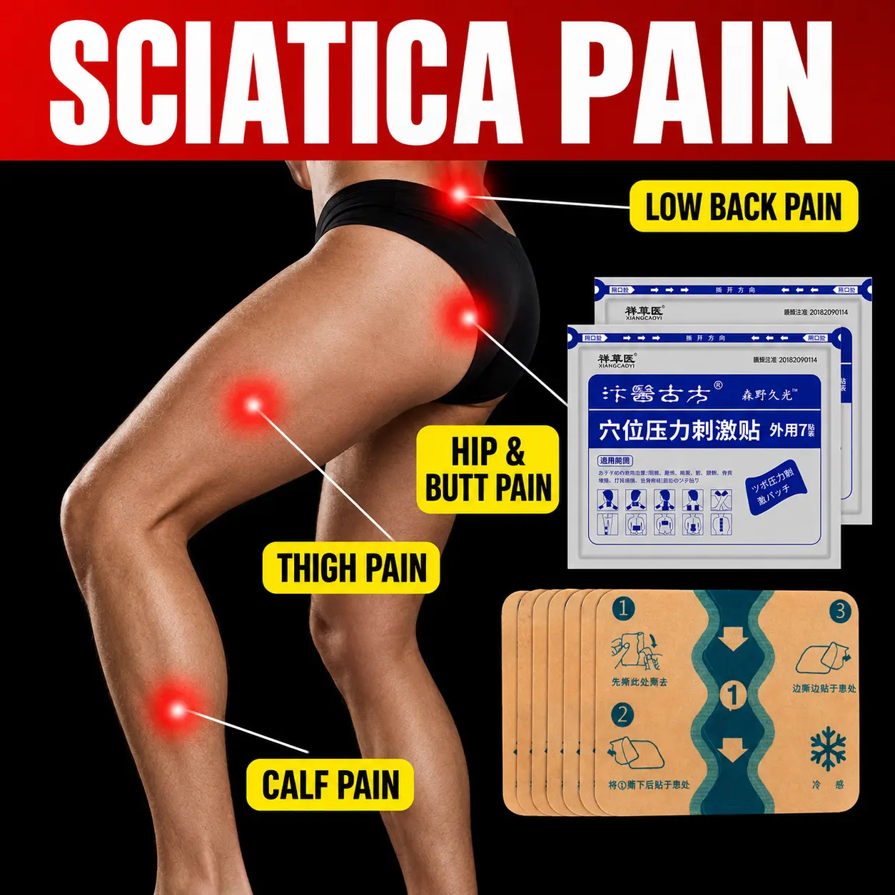 Sciatic nerve soothing patch for relieving buttock and thigh pain/numbness; improves discomfort caused by prolonged sitting and lower back protrusions, including stinging and radiating pain in the buttocks; provides warmth and relaxation to waist and leg