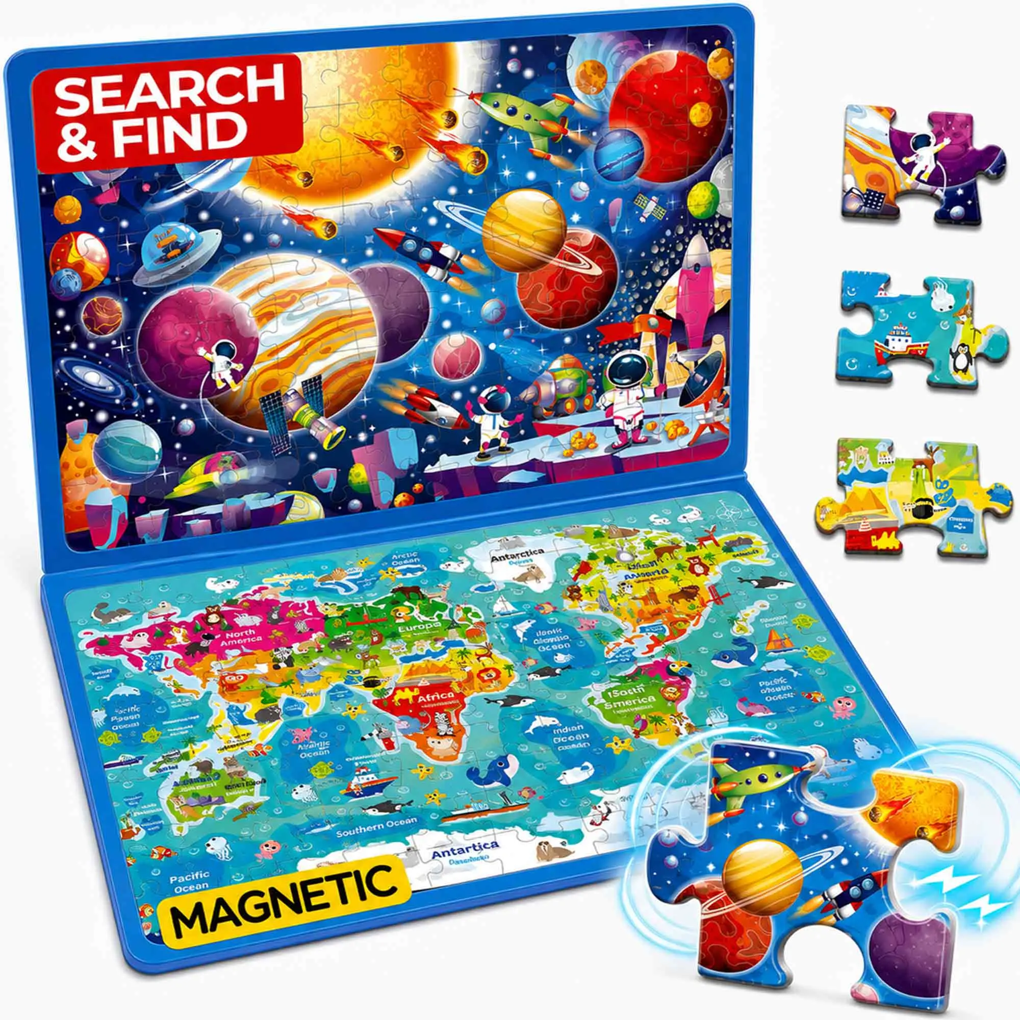 QUOKKA Magnetic Puzzles for Kids (4-6 Years) - 2-Set Compact 100-Piece Search & Find Travel Toys (Space Scene with Planets, World Map), 12x8 Inches, Bonus Post-Build Game, Boosts Focus & Child Development