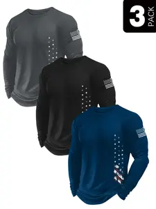 Men's 3 Pack American Flag Long Sleeve T-Shirts - Patriotic USA Flag Graphic Tees in Black & Navy, Casual Athletic Crewneck Tops for 4th of July, Memorial Day, Everyday Wear, Workouts, and Patriotic Outfits, Comfortable Soft Multipack Tees Ideal for Patri