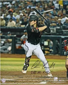 Corbin Carroll Arizona Diamondbacks Autographed 16" x 20" Black Jersey Hitting Photograph with "2023 NL ROY" Inscription - Fanatics Authentic Certified