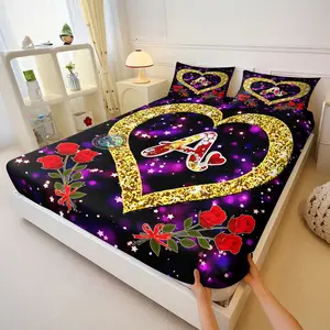 3Pcs Letter Heart Rose Print Fitted Sheet Set  A Snug Fit That Stays In Place, Made With Breathable and Skin-Friendly Fabric. A Romantic and Dreamy All-Inclusive Bedding Set for Bedrooms, Apartments, and Dormitories.