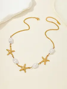 Golden Starfish Pearl Necklace, Hypoallergenic, Thick 3D Heart-Shaped Chain, Y2K Style Jewelry, Perfect Gift for Girlfriend or Wife