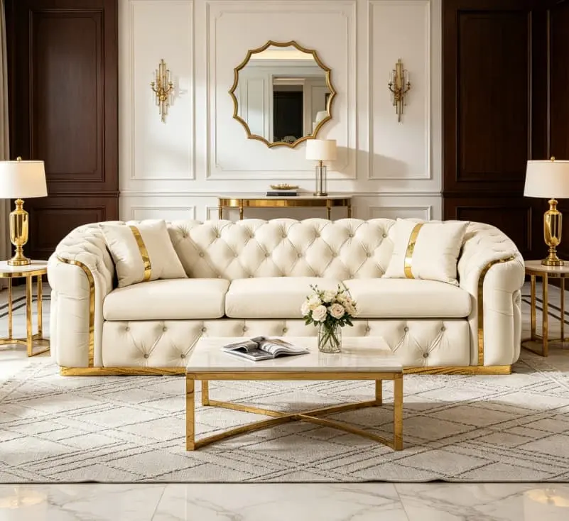 Luxury 3-Seater Chesterfield Sofa Couch, 90.6in Italian 280g Velvet Button-Tufted with 2 Pillows, Gold Stainless Steel Accents for Living Room Indoor Furniture