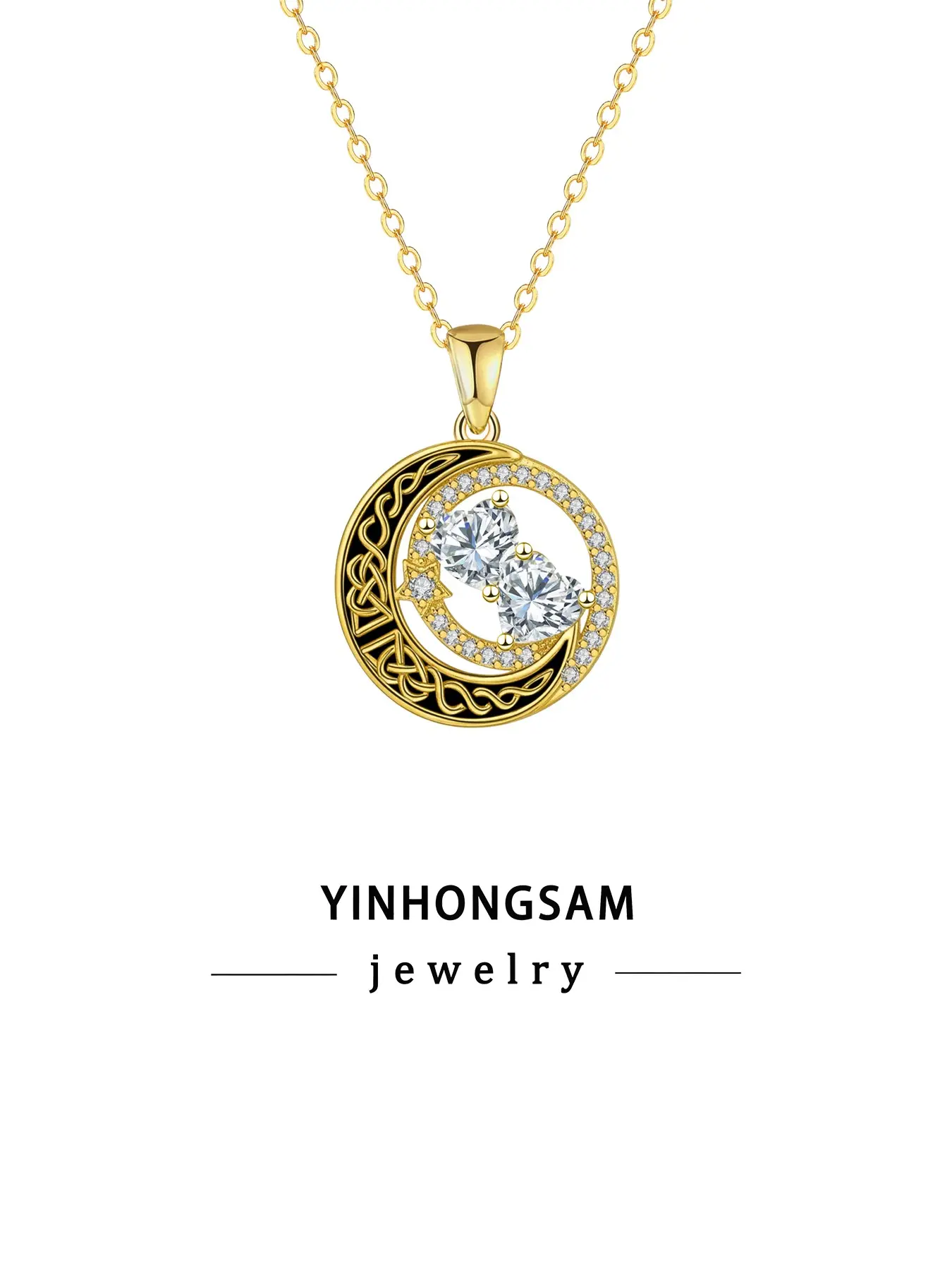 Keltic Moon Pendant Necklace, Design Lockbone Chain, 18k Low Allergy, Anniversary Jewelry Gift, Wife Mom Present with Box