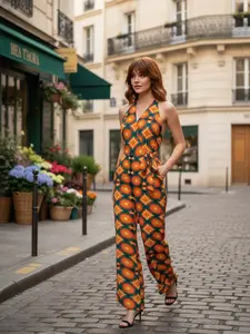 RETRO STAGE Women's Bohemian 1970s Vintage-Inspired Ankle-Length Polyester Halter Jumpsuit - Geometric Print, Sleeveless, Zipper Closure, Retro Car & Sunglasses Accents, Boho Outfits Clothes