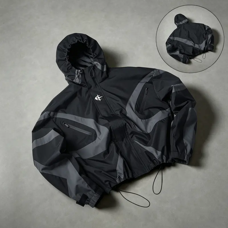 Men’s functional short hooded jacket featuring color-block panels, an adjustable drawstring hem at the bottom, and waterproof outdoor cuffs; a loose workwear jacket ideal for skateboarding, hiking, cycling, daily commuting, and casual outdoor wear.