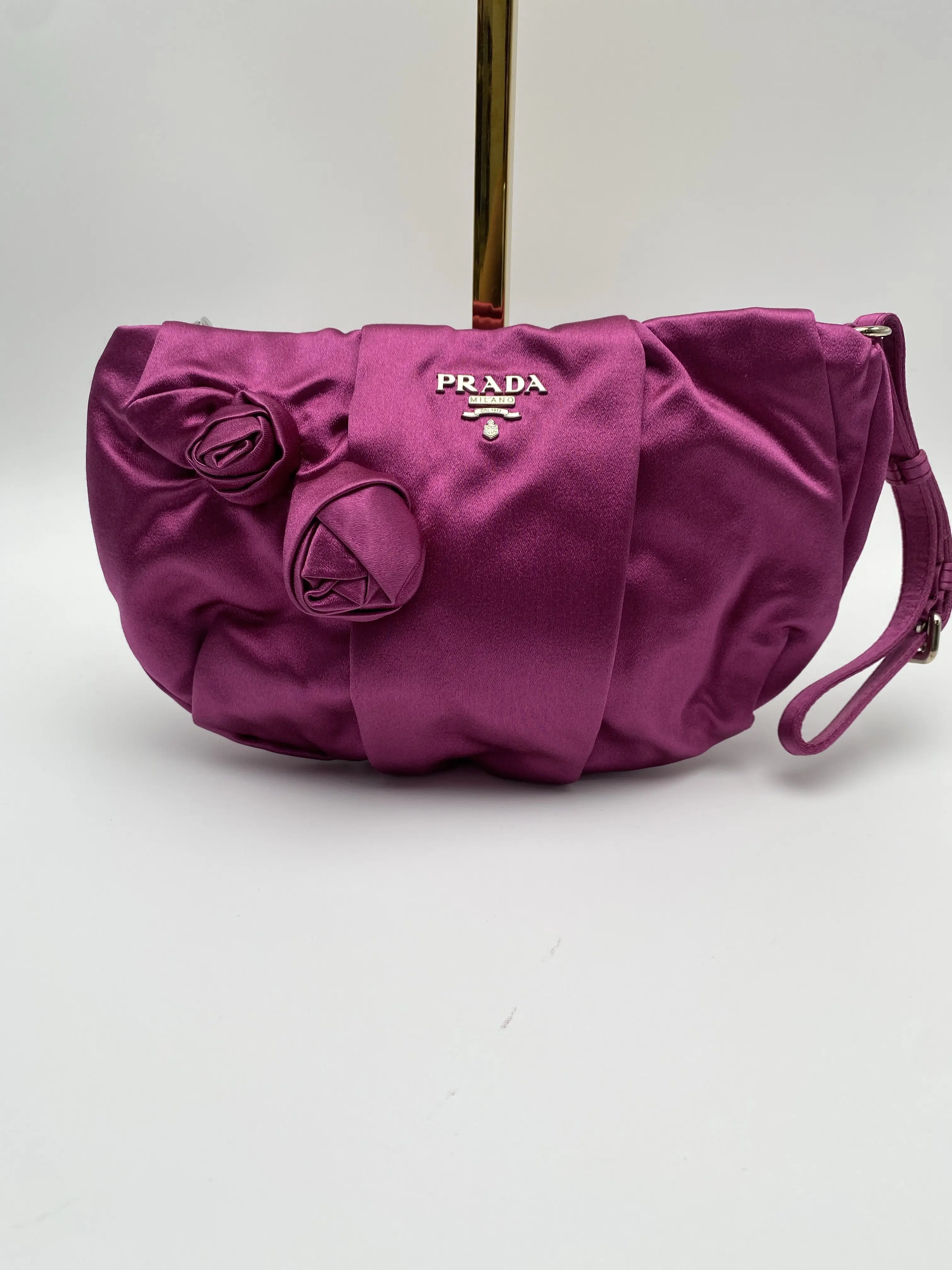 Pre-owned PRADA Fuchsia Satin Rose Flower Clutch Wristlet with Gold Logo