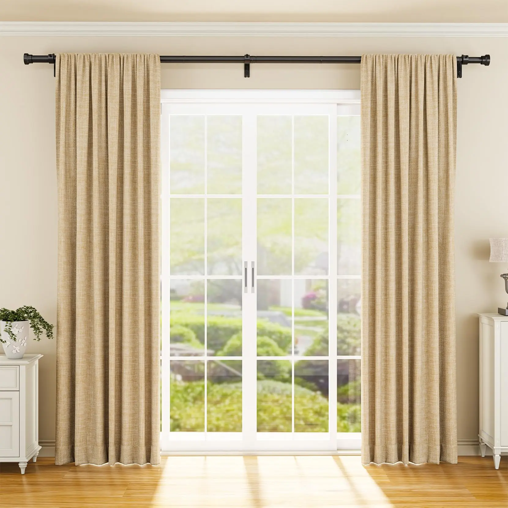 Heavy Duty Adjustable Curtain Rod 32 to 144 Inch Black Metal Window Curtain Rod with 1 Inch Diameter, Modern Decorative Finials, Easy Assembly for Living Room, Bedroom, Sliding Glass Doors and Patio
