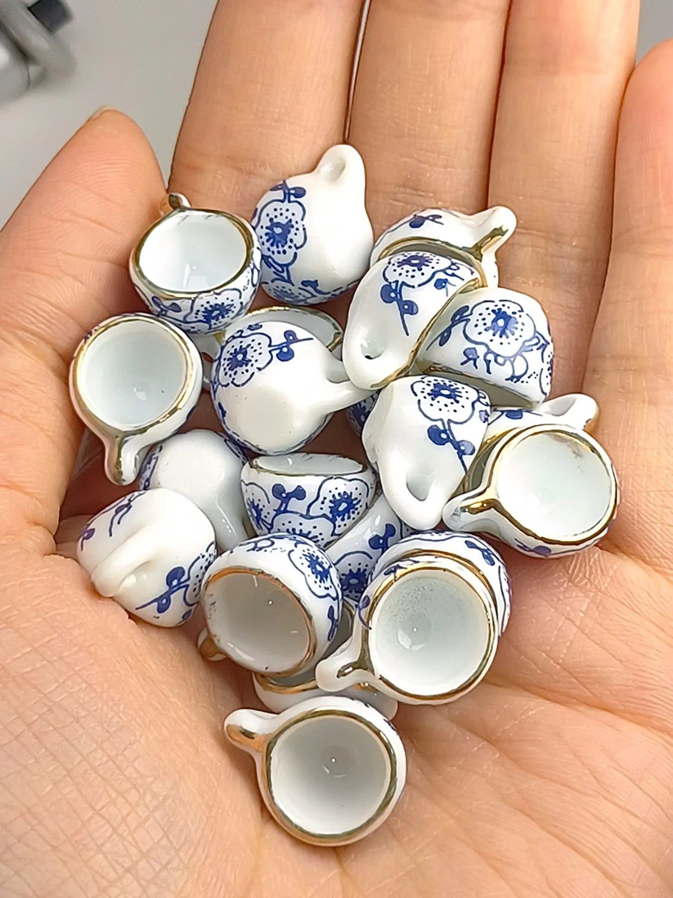 Blue Floral Golden Edge Mini Ceramic Beads, Vintage Style Handmade Jewelry DIY Accessories, All Seasons Craft Supplies