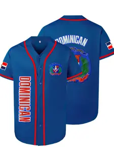 Men's DOMINICAN Embroidery V Neck Baseball Jersey, Casual Loose Stitched Short Sleeve Button Baseball Top, Breathable Sports Top for Outdoor Activities, Workout Top, Athletic Tops