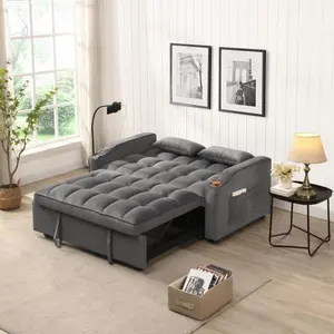 Modern Velvet Loveseat Futon Sofa Couch with Pullout Bed Dark Grey 3 in 1 Convertible Sleeper Sofa Bed with Adjustable Backrest Toss Pillows Pockets for Living Room