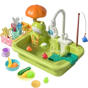 Play Sink with Running Water, Kitchen Sink Toys with Upgraded Electric Faucet, Play Kitchen Toy Accessories, Pool Floating Fishing Toys for Water Play, Kids Role Play Dishwasher Toy
