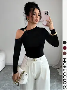 Sexy Fitted Long Sleeve Top, Metal Decoration Design, Shoulder Cut Out Neckline, Fashion Chic Women's Casual Wear, Perfect Daily Choice, Cutout, Womenswear