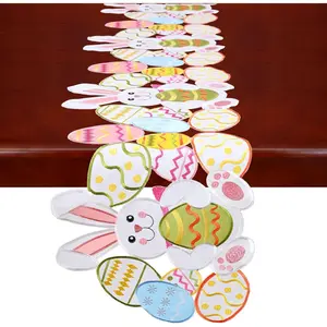 Embroidered Easter Bunny Table Runner, Decorative Centerpiece with Bunnies and Eggs (14 x 88 Inches)