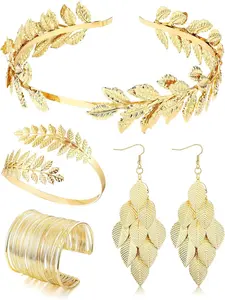 5Counts Grecian Goddess Costume Accessories Set for Women Leaf Headband Coil Upper Arm Bracelet Dangle Earrings for Wedding Toga Party Fashionable Jewelry Set