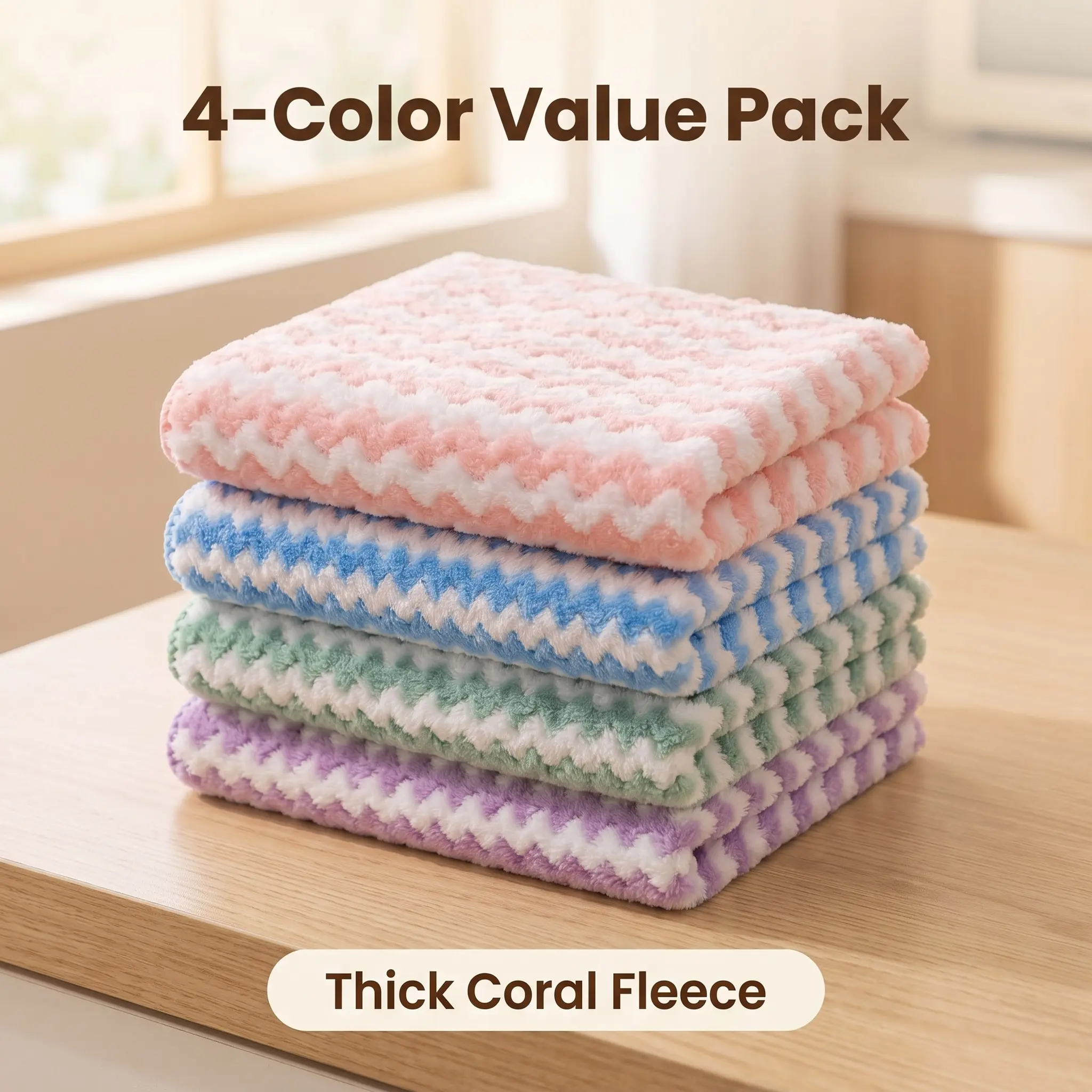 4-pack thick coral fleece wavy cleaning cloths, highly absorbent, reusable, machine washable, ultra-fine microfiber cloths Wipe Household