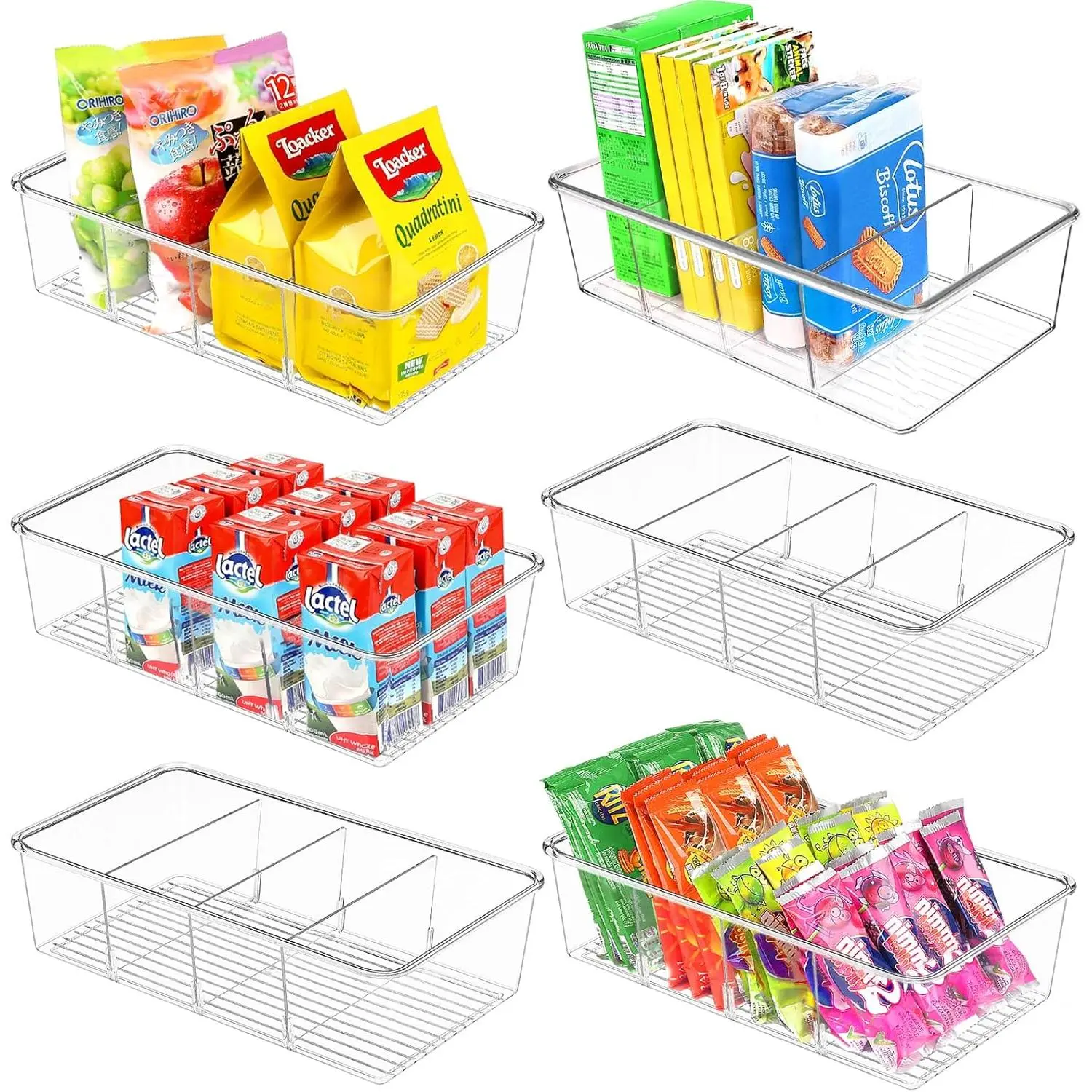 Snack Organizer for Pantry Shelf, 6 Pack Clear Plastic Pantry Storage Bins with 3 Dividers for Snacks, Spices, Chips Food Organizer, Stackable Pantry Organizers for Kitchen, Fridge, Cabinet Boxes