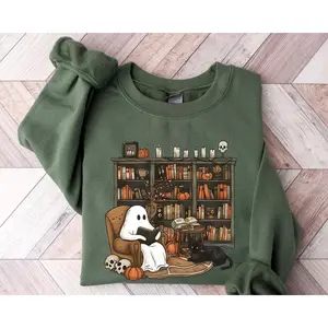 Retro Ghost Reading Books Sweatshirt, Librarian Ghost Halloween, Halloween Teacher Sweatshirt, Halloween Shirt, Teacher Gift, Boo School