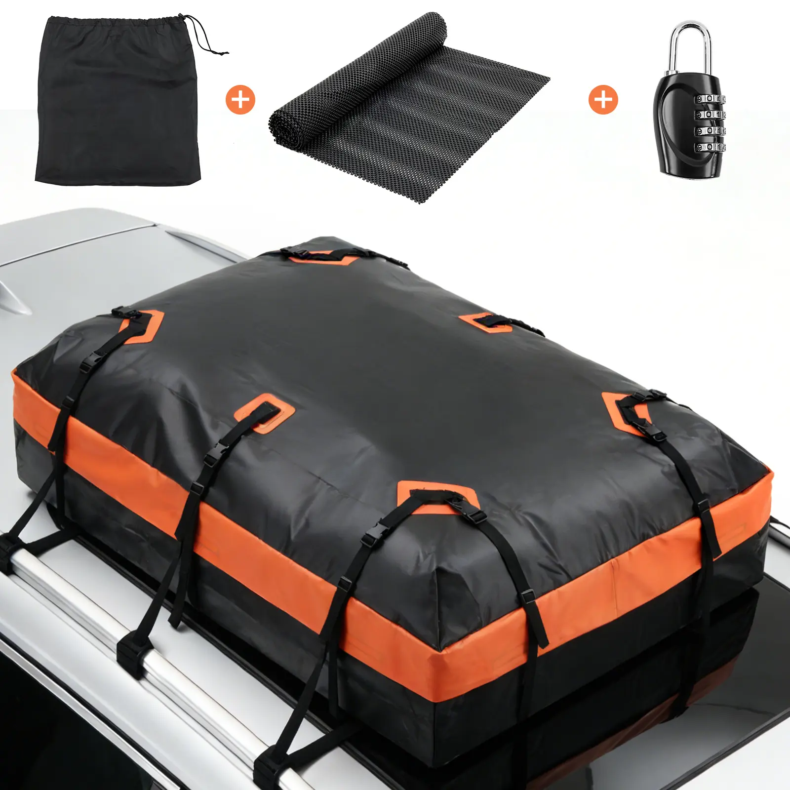 Waterproof Car Roof Cargo Carrier Bag, Heavy‑Duty PVC Rooftop Storage Bag with Anti‑Slip Mat, Combination Lock & Reinforced Buckles, Universal Fit for Cars With/Without Roof Racks for Travel Road Trips