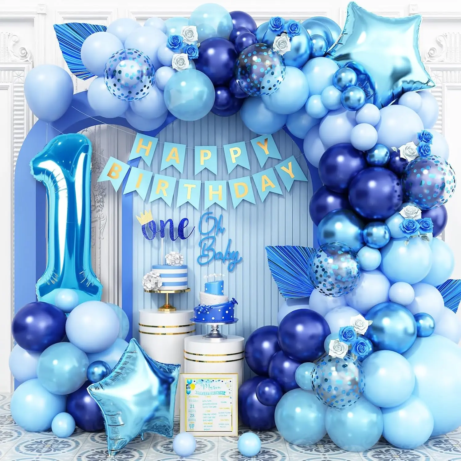 1st Birthday Decorations for Boys, Blue Number 1 Star foil Balloon and Dark Blue Baby Blue Confetti Balloons 1st Birthday Arch Kits, Birthday Banner for Baby Boys 1 Year Old Birthday Party Decorations