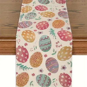1pc Vintage-Inspired Polyester Table Runner with Easter Egg Design Colorful Floral and Egg Patterns Perfect for Home Kitchen and Outdoor Garden Parties Kitchen Table Decor|Vintage Table Runner|Polyester Fabric