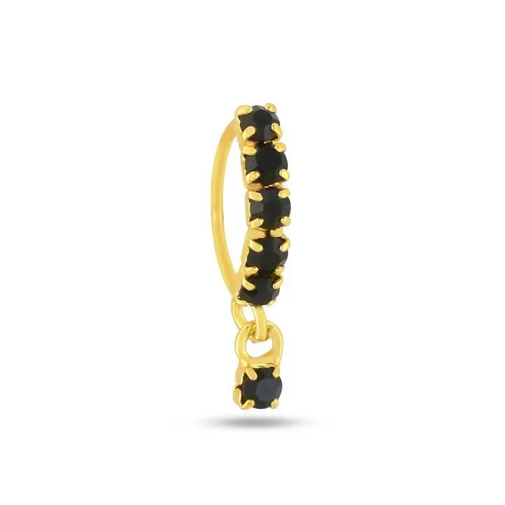 Black Diamond Dangling Nose Ring - 5 Black Diamonds, Gold Plated, 20 Gauge, Double Micron Coating, Handmade in India, Adjustable