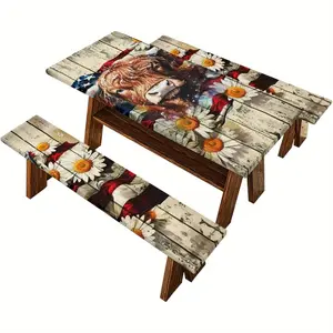 3pcs Vintage Wooden American Flag Tablecloth with Highland Cow Print - Elastic Fitted Rectangle Covers for Picnic and Patio Tables Polyester Material All-Season Use Picnic Table Covers | Rustic Design | Durable Tableclot