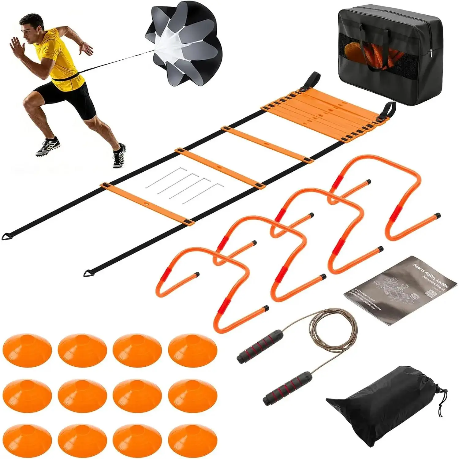20FT Speed and Agility Training Kit with Ladder Cones Hurdles Resistance Parachute and Jump Rope for Football Soccer and Basketball Footwork Training