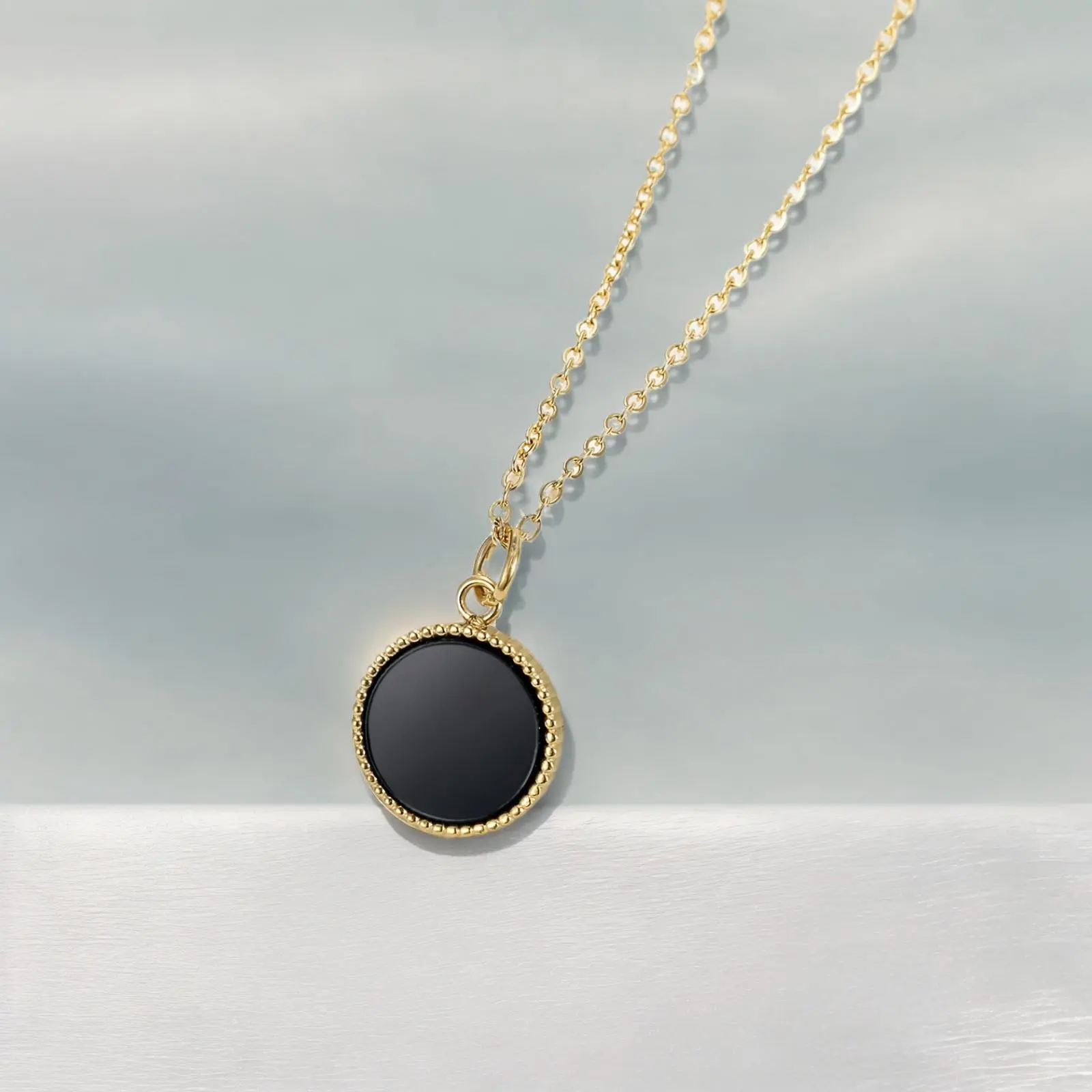 Dainty Necklace for Women with a Black Circular Pendant, Minimalist Gold-Tone Chain, Elegant Jewelry for Daily Wear and Parties, Female, Party, Chain Jewelry Necklaces