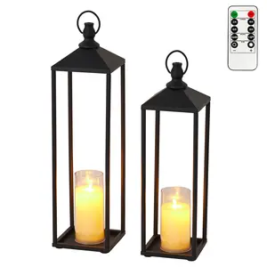 Set of 2 Modern Metal Black Lanterns for Indoor & Outdoor – Decorative Lanterns with Flameless LED Candles for Halloween, Christmas, Home, Mantle, Patio, Porch, Garden, Floor
