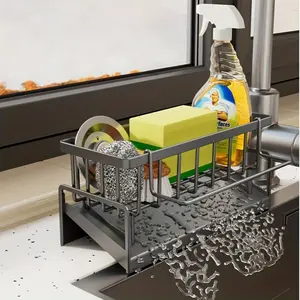 1pc Easy-to-install and space-saving plastic sponge drainage rack - suitable for kitchen use, it can store sponges, rags, dishwashing liquid, kitchen storage tools, and comes with a detachable hanging rod