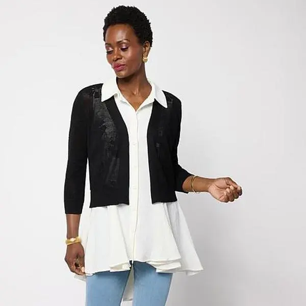 Nina Leonard 3/4 Sleeve Knit Open Hole Bolero Top
