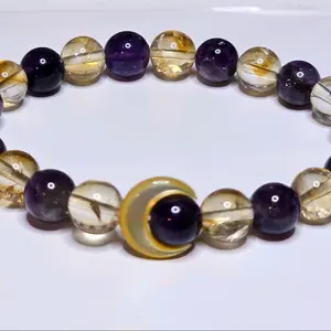 Dream Amethyst & Citrine Crystal Bead Stretch Bracelet with Paua Abalone Moon Pendant - Natural Beads, Colorful Design, Comfortable Fit