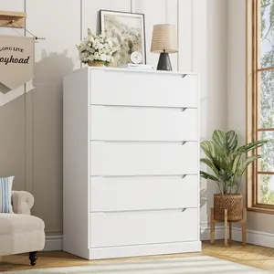 HOSTACK Modern 5 Drawer Dresser for Bedroom, Tall Chest of Drawers with Storage, Large Wood Cloth Storage Organizer with Cut-Out Handle, Accent Storage Cabinet for Living Room, Hallway