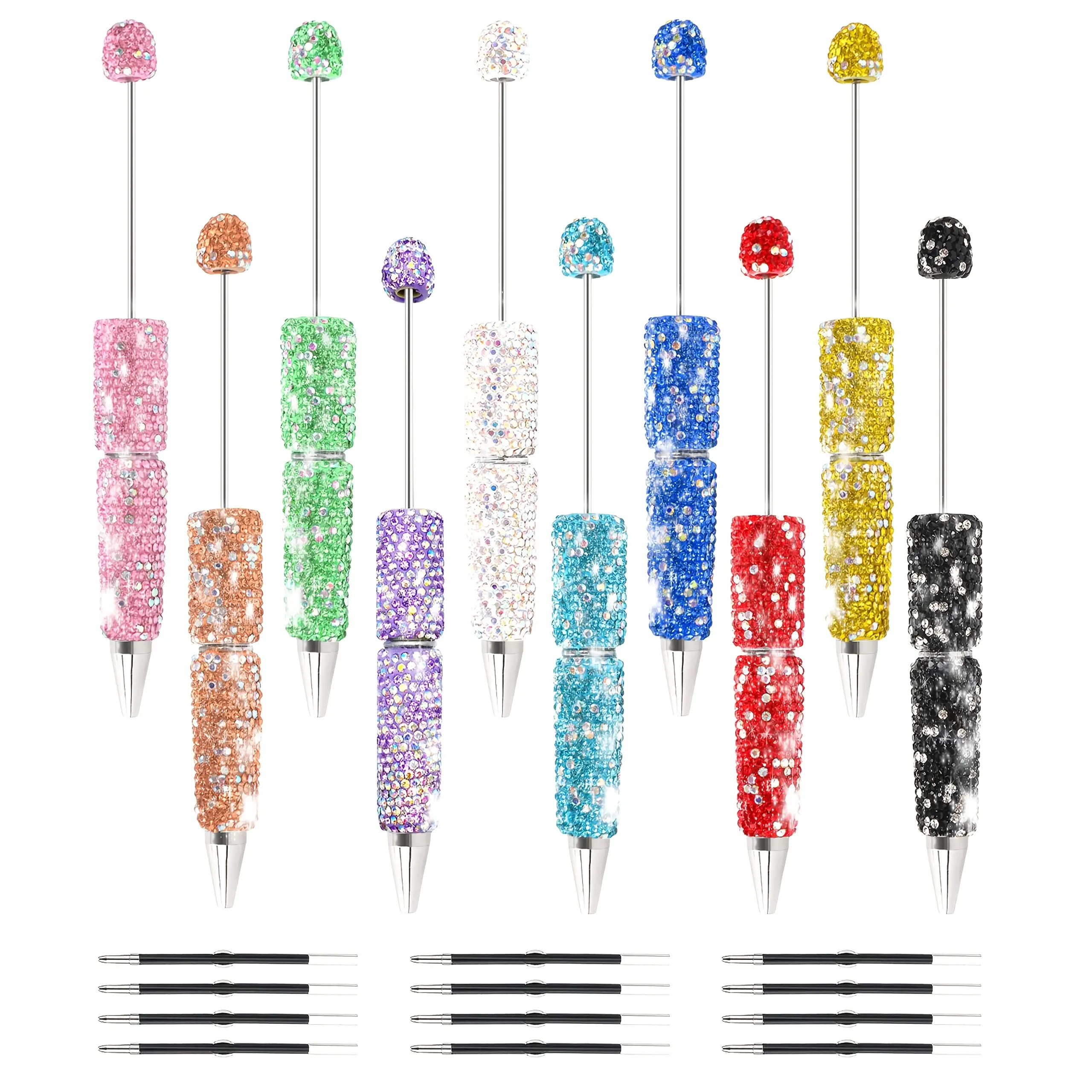 22pcs Glitter Beadable Pens Set, Including 10pcs Beadable Pens and 12pcs Refills, Full Rhinestone Plastic Beadable Ballpoint Pen Fun Bling Retractable Beaded Writing Pen for DIY Craft Office Supplies