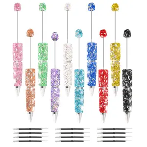 22pcs Glitter Beadable Pens Set, Including 10pcs Beadable Pens and 12pcs Refills, Full Rhinestone Plastic Beadable Ballpoint Pen Fun Bling Retractable Beaded Writing Pen for DIY Craft Office Supplies