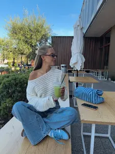 Women's Hollow Out off Shoulder Knit Sweater, Loose-Fitting Long Sleeve Casual Top, Slimming Layered Base Shirt