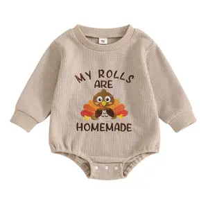 My Rolls are Homemade Thanksgiving Baby Girl Boy Outfit Turkey/Bread Embroidery Waffle Bubble Romper Long Sleeve Bodysuit Cute Infant Toddler Fall Winter Cothes