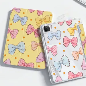 1pc Cream Yellow Base Colorful Polka Dot Bow Print Shockproof Acrylic Y-fold Stand Tablet Case with Clear Back & Pencil Holder, Compatible with iPad 10.2 inch (7/8/9 Gen), Air3/10.5, iPad 10/11, iPad 5/6/Pro 9.7, Air1/Air2, Air4/Air5/Pro 11 inch