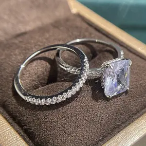Princess Cut Square CZ Promise Rings 2Pcs Set for Women Fashion Luxury Wedding Accessories High-Quality Female Jewelry with Metal Coating
