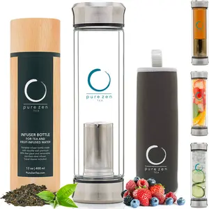 Pure Zen Tea - Infuser bottle for Tea and Fruit Infusions - 13 oz - Double Wall Glass - BPA Free - Perfect Gift for Tea Lovers Drinkware Portable